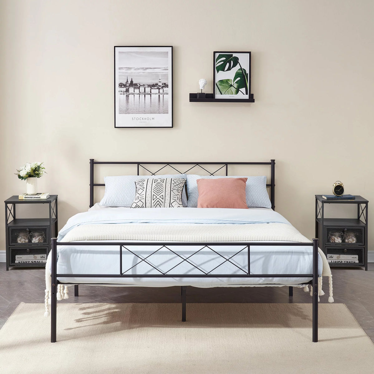 Full Size Metal Bed Frame and 2 Black Nightstand Q40010