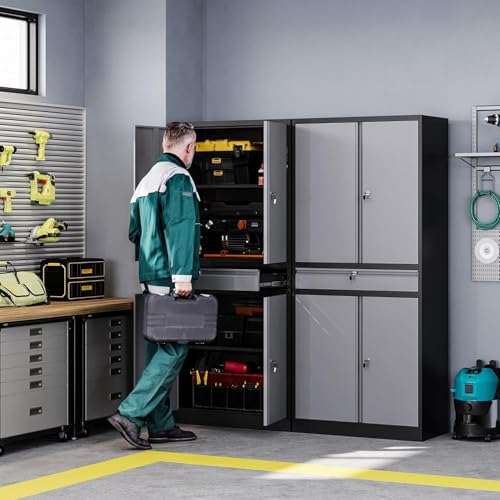 Metal Garage Storage Cabinet with Drawer, 4 Door Tool Cabinet with Lock K264