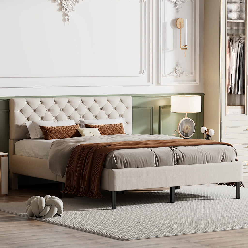 Beige Upholstered Fabric Queen Size Platform Bed Frame with Headboard B439612
