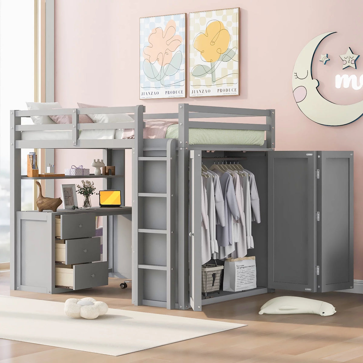 Full Size Gray Solid Wood Loft Bed with Wardrobe and Desk C3378
