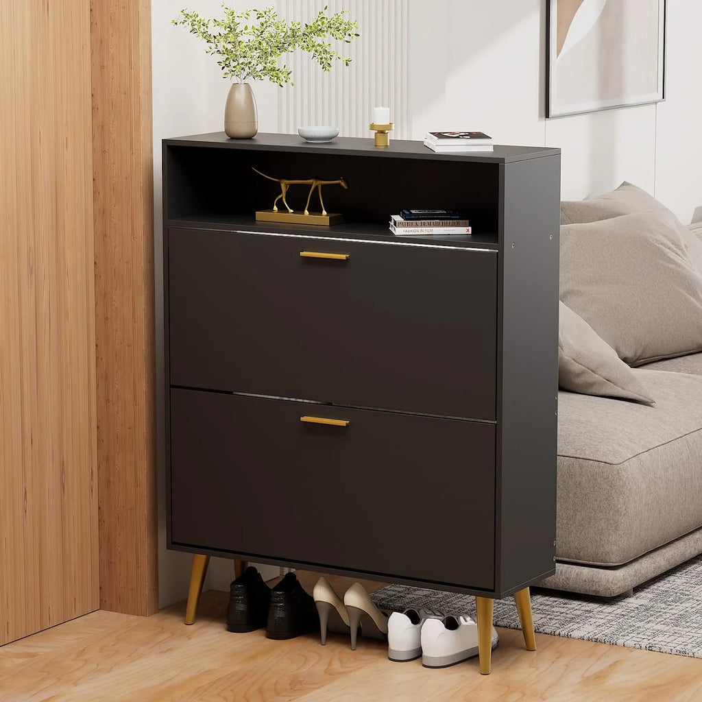 Black Narrow Shoe Cabinet with 2 Flip Drawers O56551