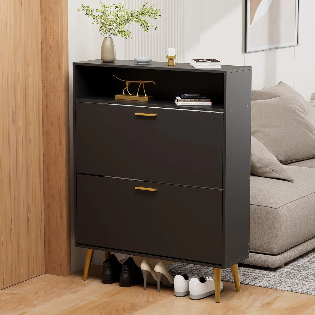 Black Narrow Shoe Cabinet with 2 Flip Drawers O56551