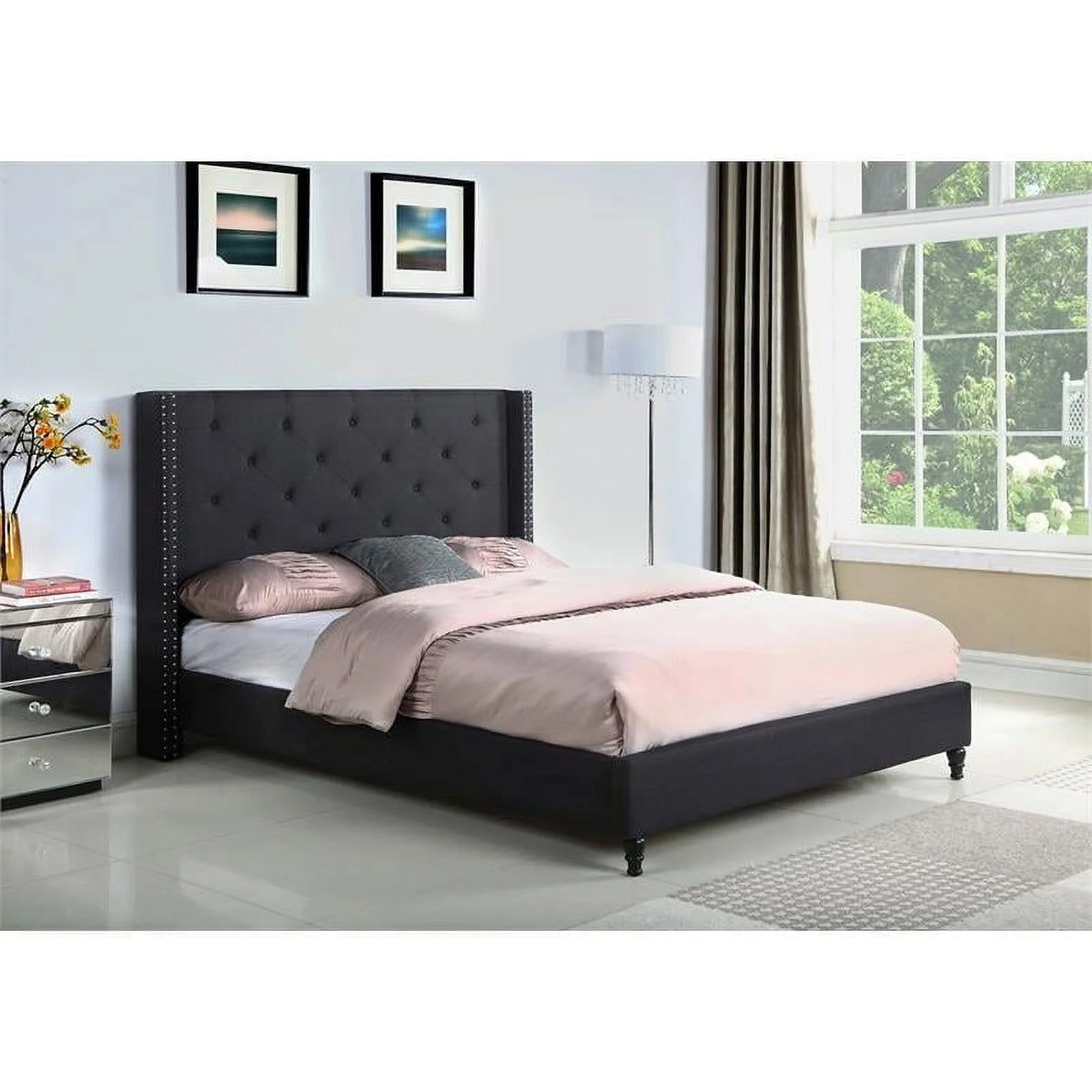 Black Wood Fabric Wingback Cal King Platform Bed K24661