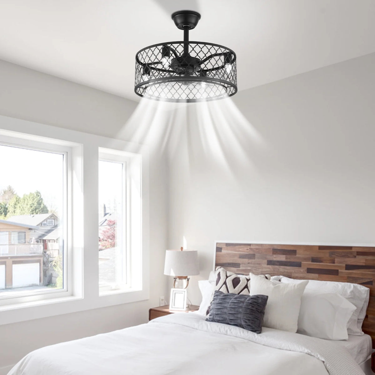 20 inch 5-Blades Caged Ceiling Fan with Light and Remote Matte Black S62669