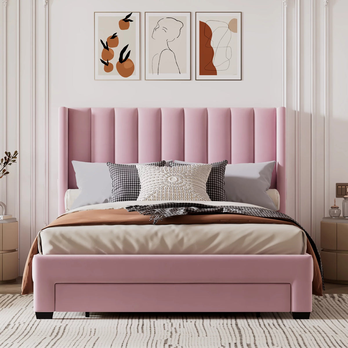 Queen Size Velvet Upholstered Platform Bed with Storage Drawer Q9438