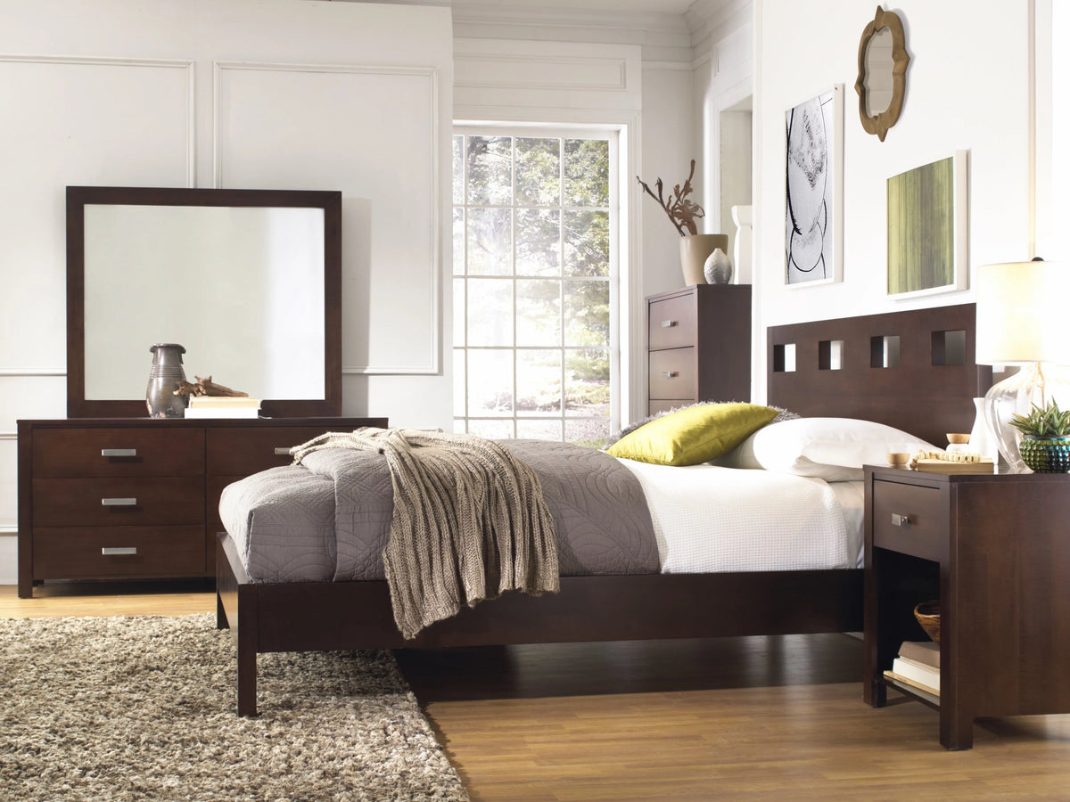 6PC Twin Platform Bed Dresser Mirror Chest Set Mocha Brown Mahogany I259