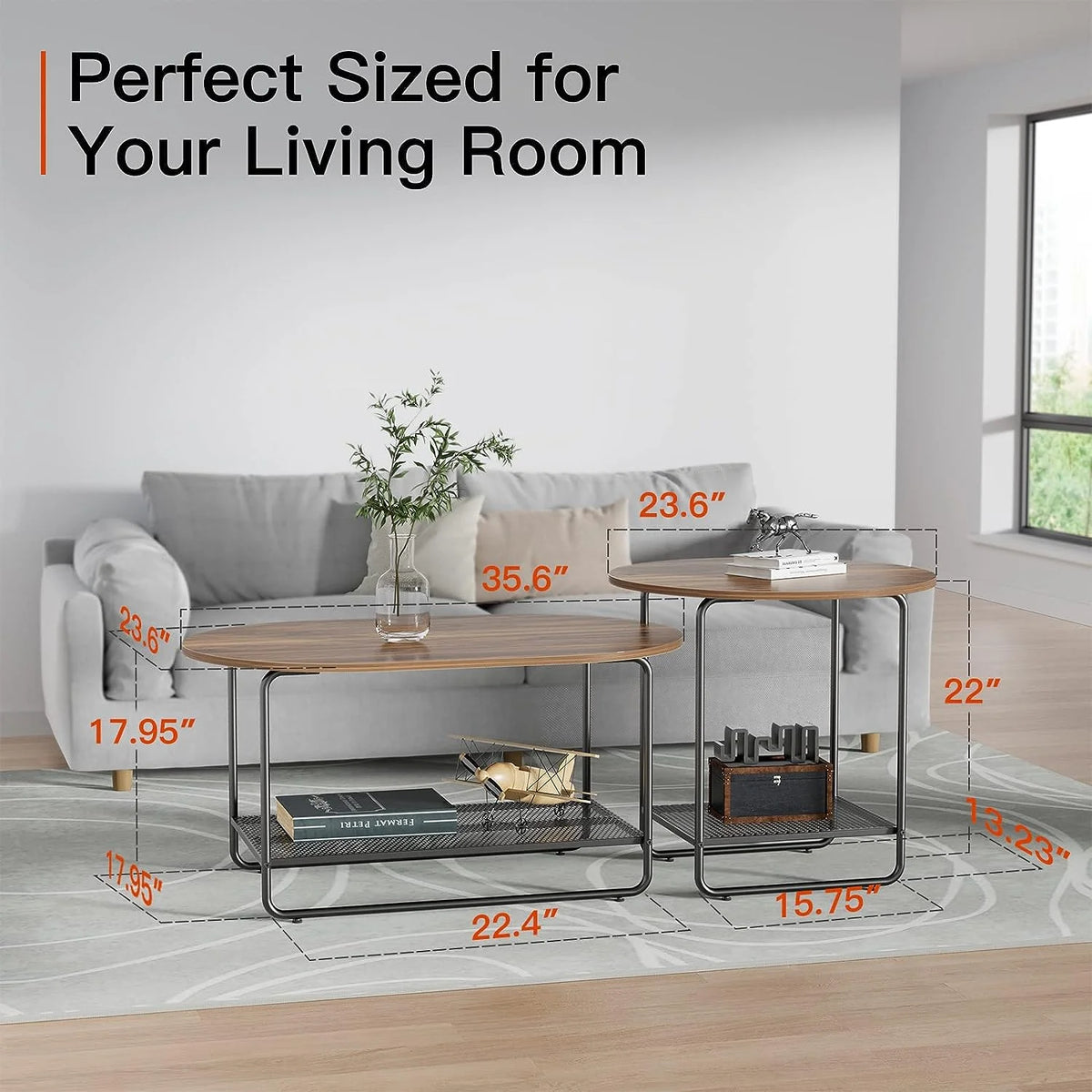 Round Nesting Coffee Table Set of 2 with Metal Frame O8883