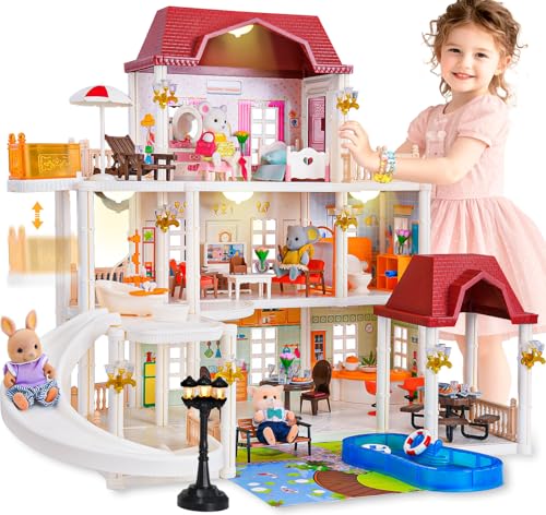 Dollhouse with 4 Doll Toy Figures, Pool Slide, Elevator, Furniture and Lights I768576