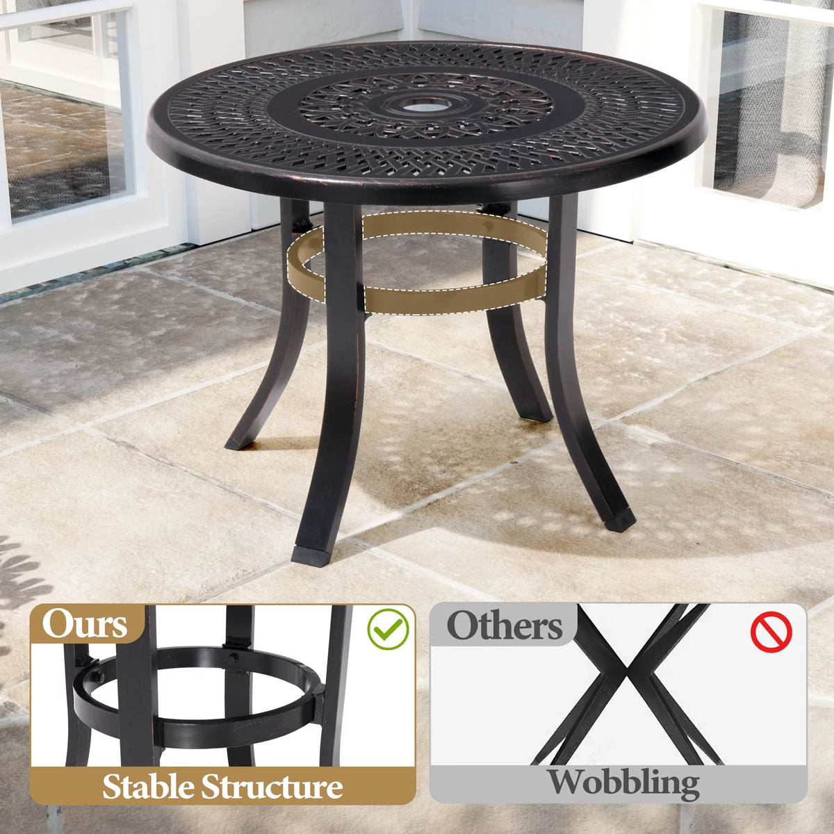 Cast Aluminum Round Patio Side Table with Umbrella Hole Black K18113