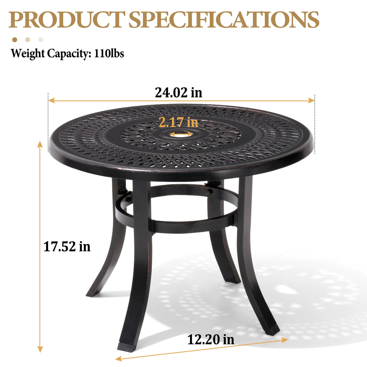 Cast Aluminum Round Patio Side Table with Umbrella Hole Black K18113