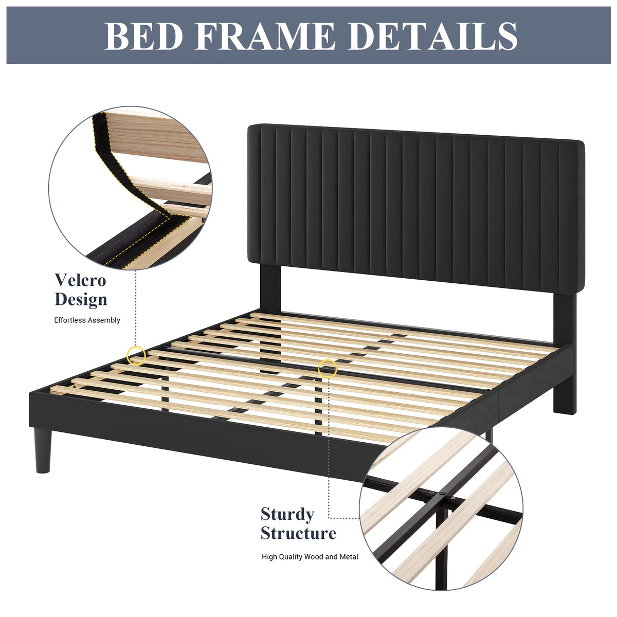 Queen Size Black Velvet Upholstered Platform Bed Frame M3027