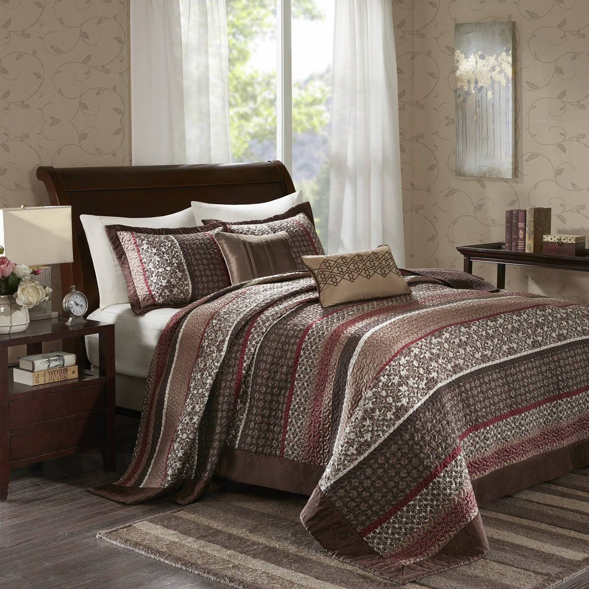 King Red 5 Piece Jacquard Bedspread Set K87128