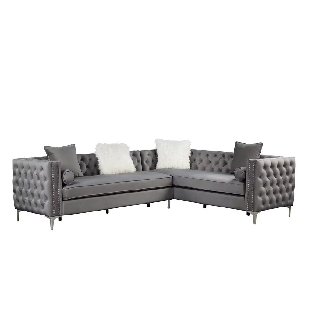 L-Shape Sectional Sofa Velvet Corner Couch Sleeper with Pillows Gray U62625