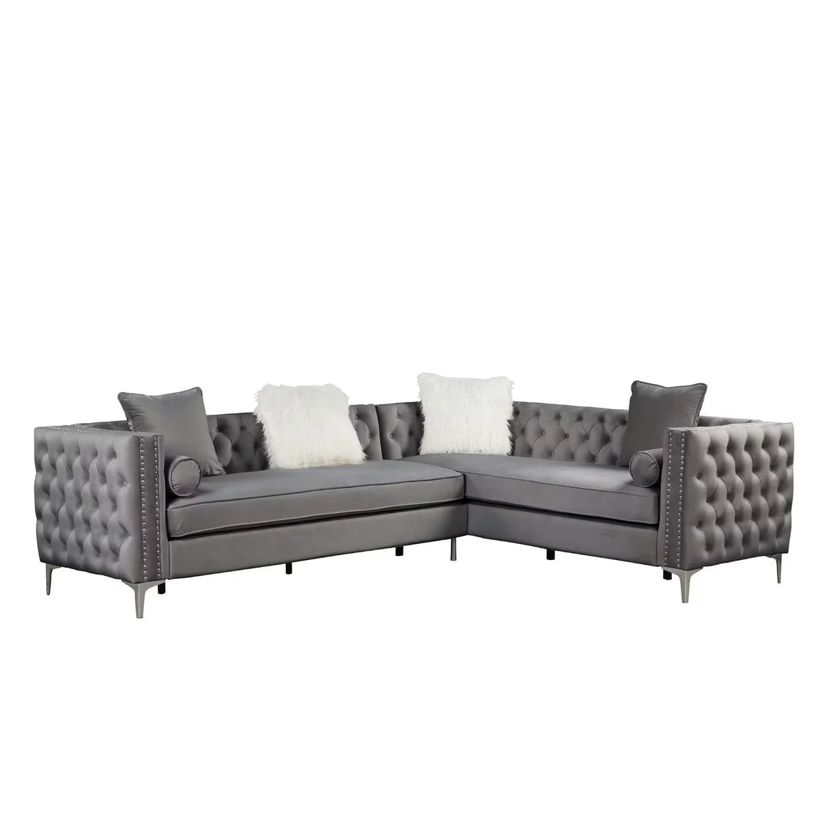 L-Shape Sectional Sofa Velvet Corner Couch Sleeper with Pillows Gray U62625