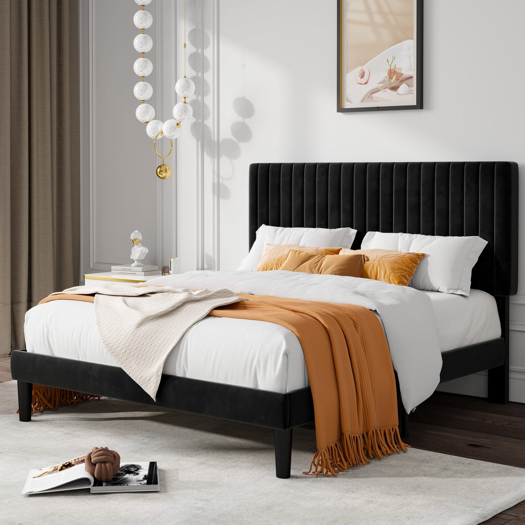 Queen Size Black Velvet Upholstered Platform Bed Frame M3027