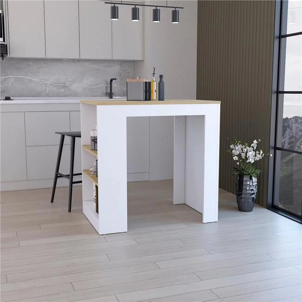 White Kitchen Island Bar Table with 3-Side Shelves T7801