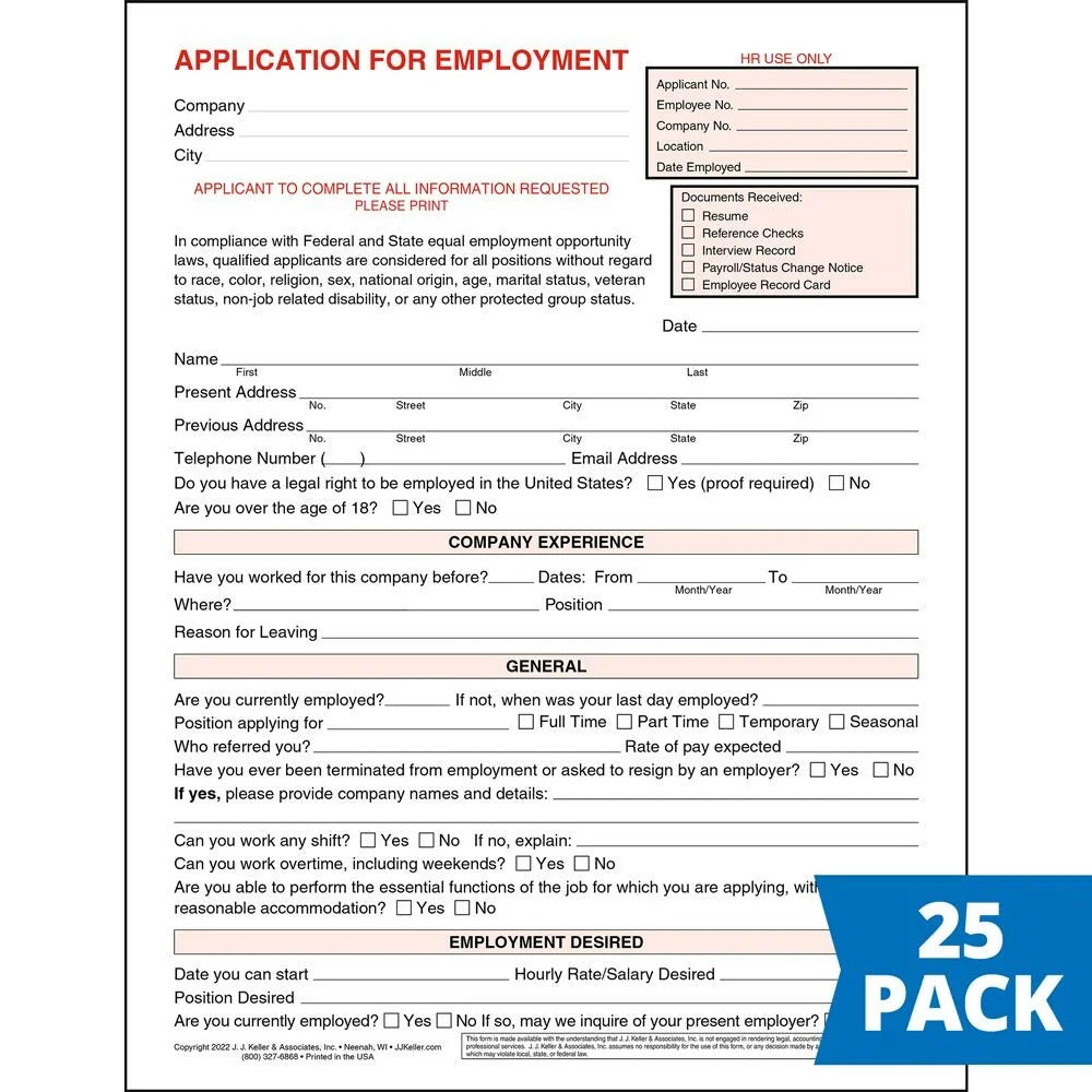 Application for Employment Form 8.5 x 11 25 Pack A29233