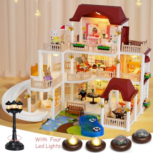 Dollhouse with 4 Doll Toy Figures, Pool Slide, Elevator, Furniture and Lights I768576