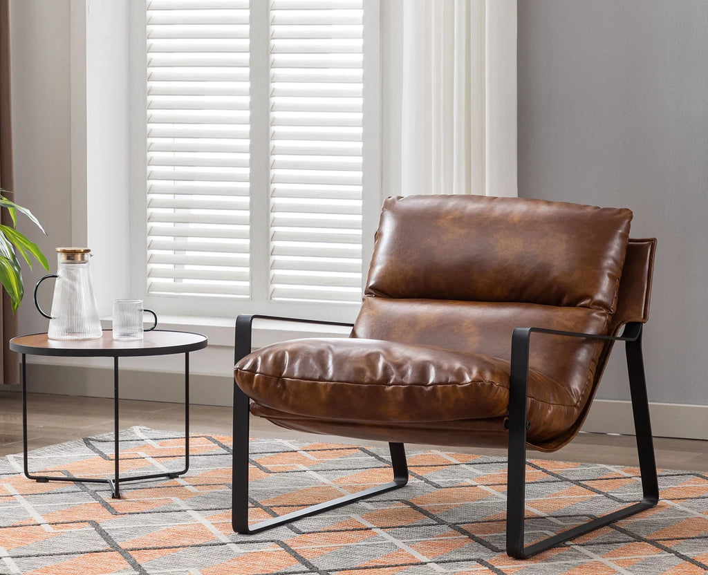 Brown Faux Leather Upholstered Accent Armchair with Metal Base C8843