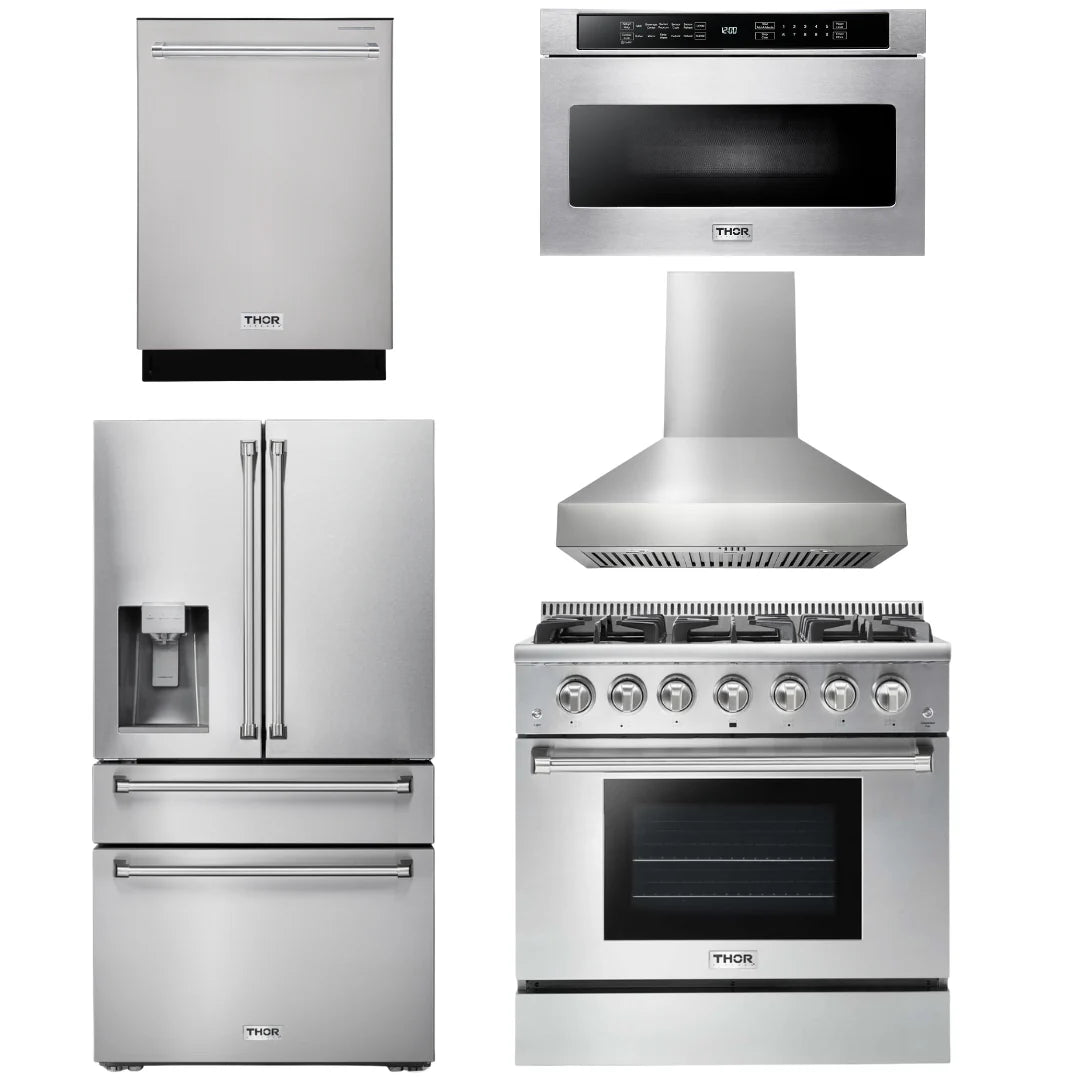 36 Propane Gas Range, Range Hood, Microwave, Refrigerator, Dishwasher L48314