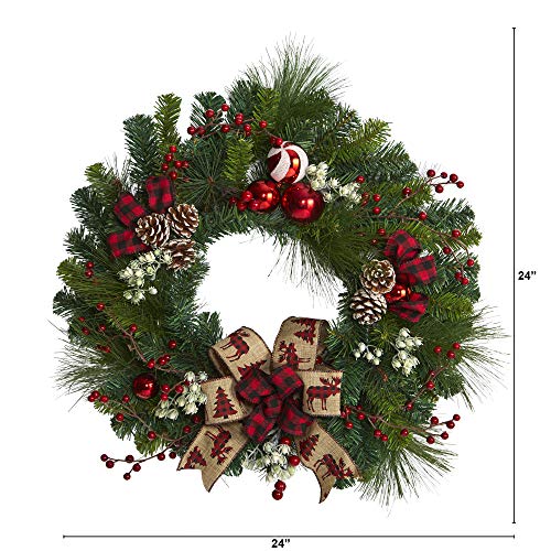 24in. Artificial Christmas Pine Wreath with Pine Cones and Ornaments M400427