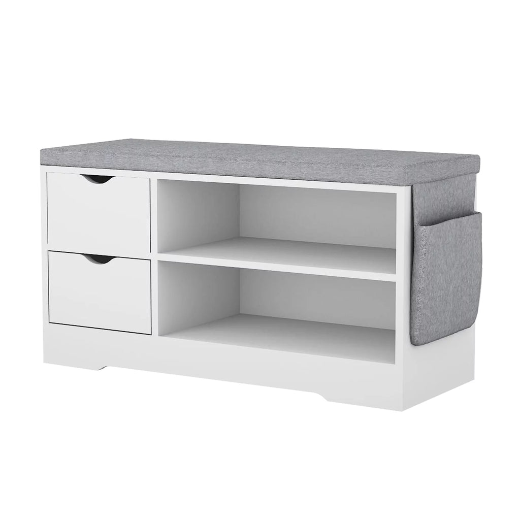 White 2-Tier Shoe Storage Bench with Drawer and Cushion W90609