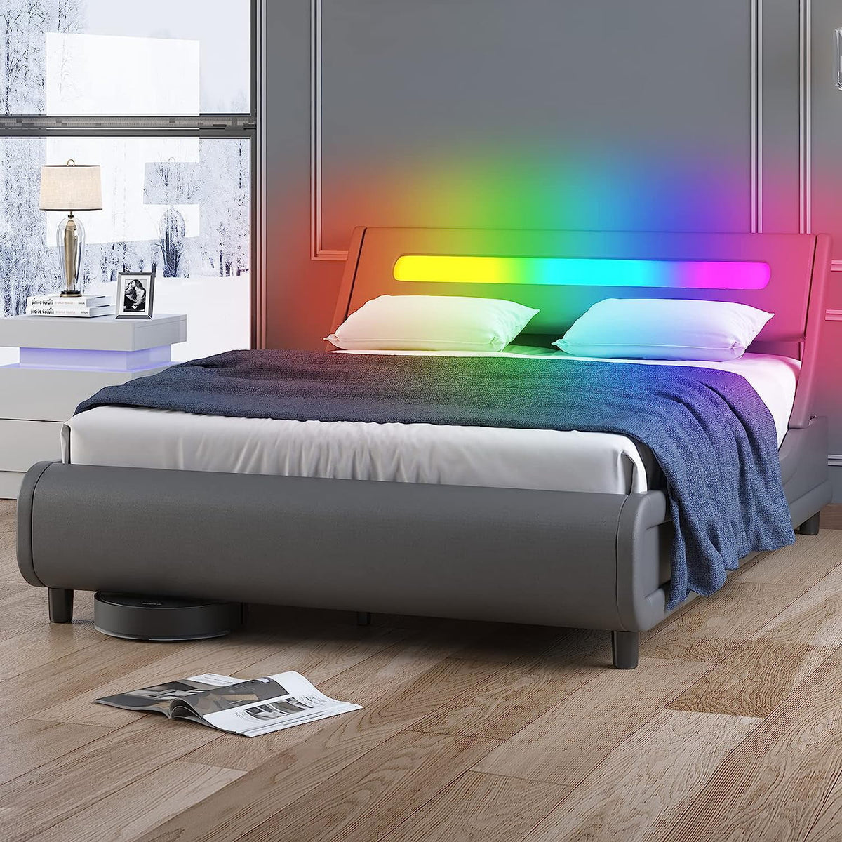 King Size Grey PVC Upholstered Platform Bed Frame M1094