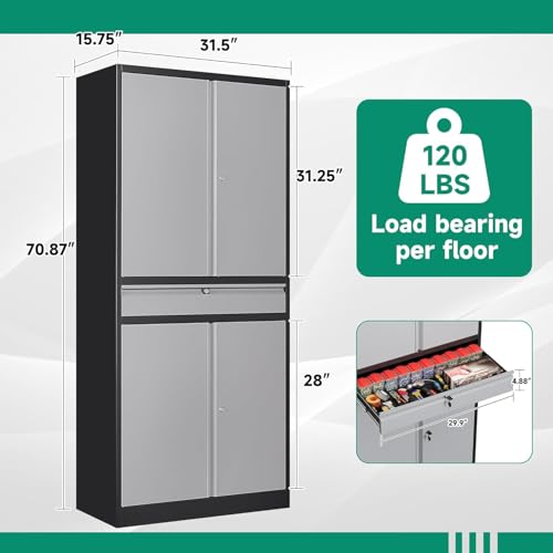 Metal Garage Storage Cabinet with Drawer, 4 Door Tool Cabinet with Lock K264