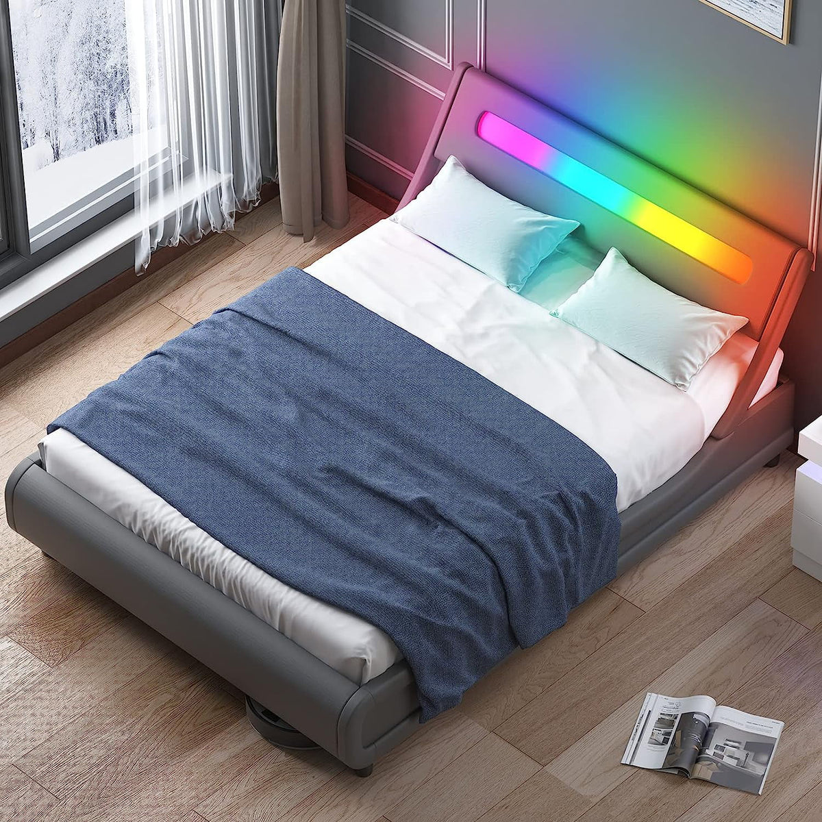 King Size Grey PVC Upholstered Platform Bed Frame M1094