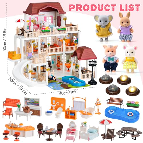 Dollhouse with 4 Doll Toy Figures, Pool Slide, Elevator, Furniture and Lights I768576