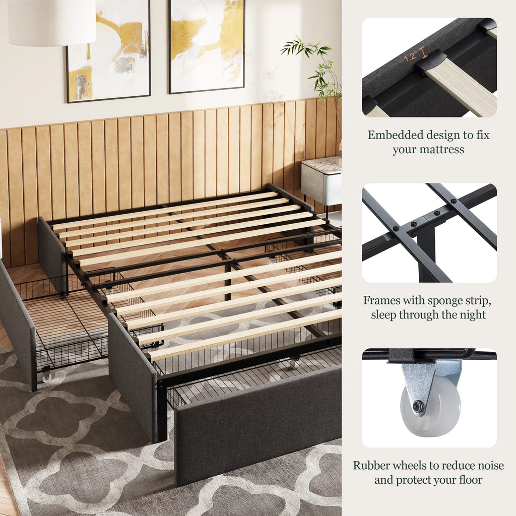 Queen Size Upholstered Platform Bed Frame with 3 Storage Drawers Y47135