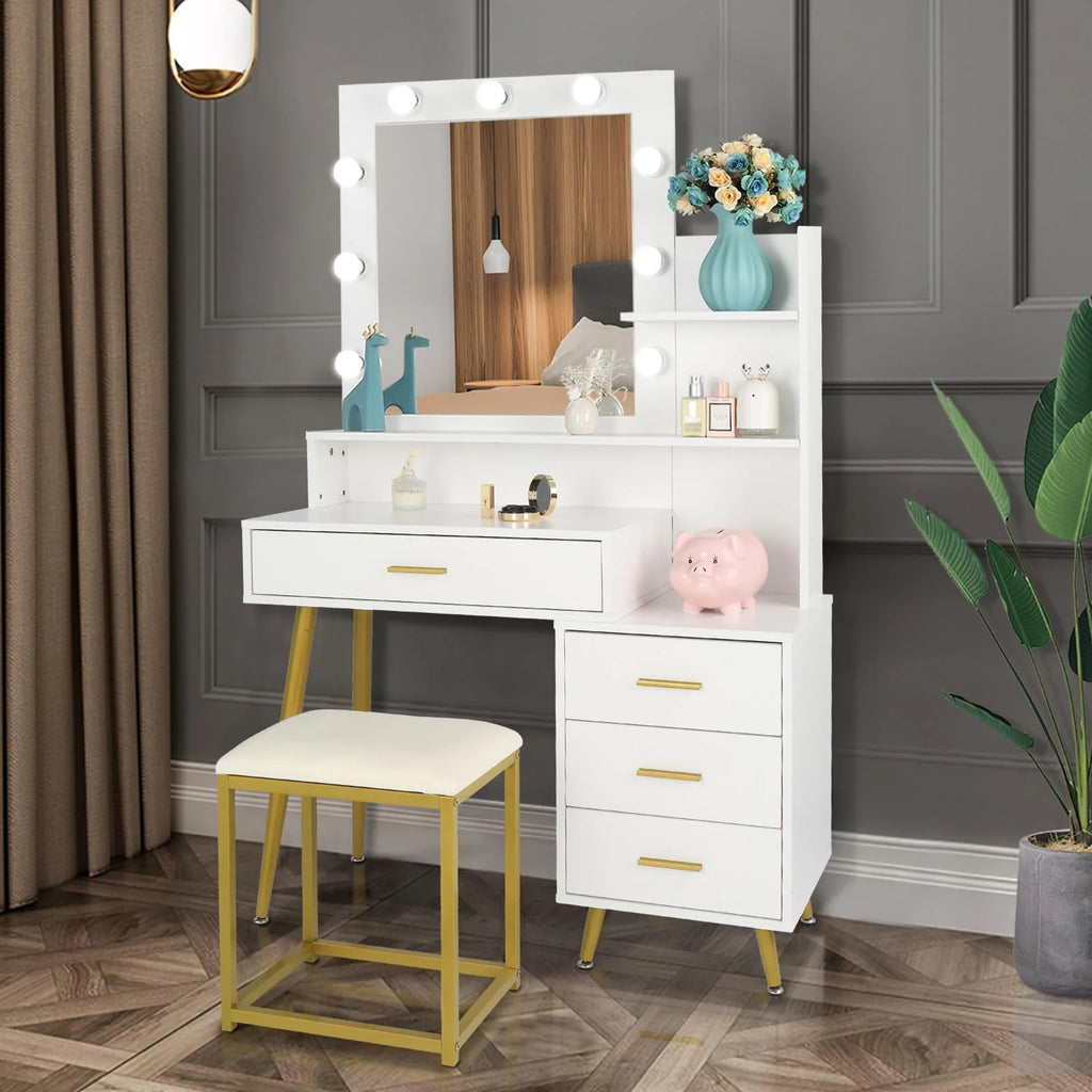White Vanity Table Set with Lighted Mirror and 4 Drawers B2437