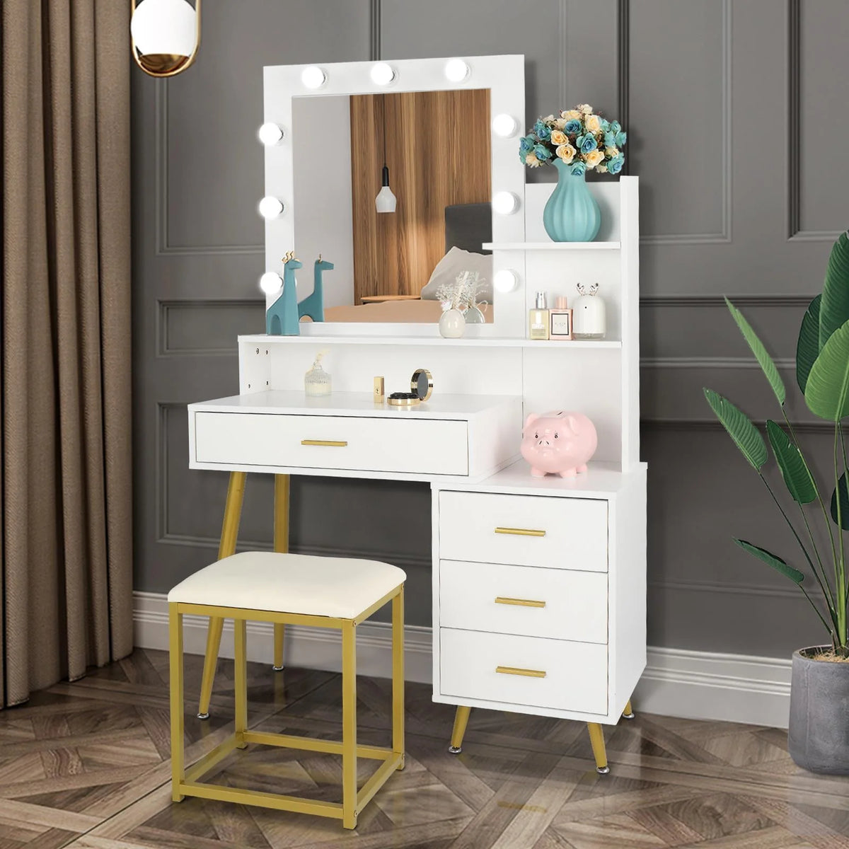 White Vanity Table Set with Lighted Mirror and 4 Drawers B2437