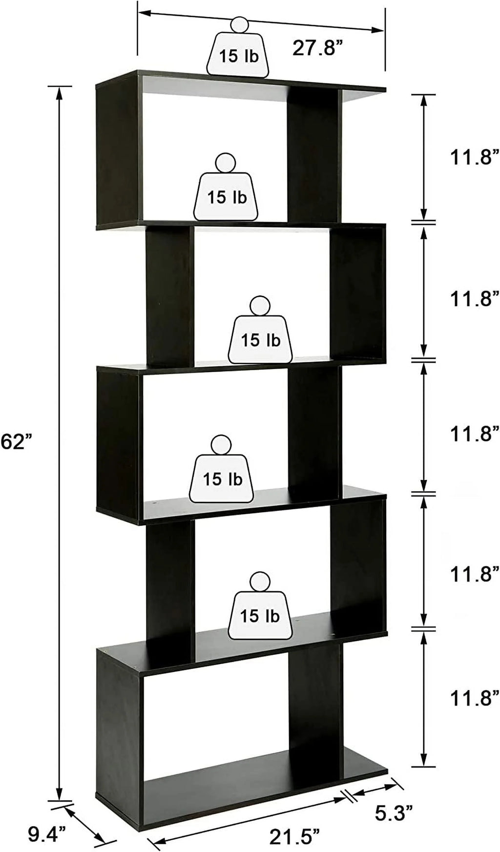 5-Tier Black Bookcase Shelving Unit X753