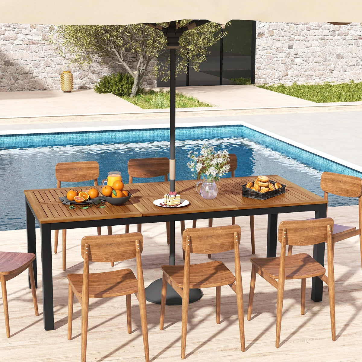 Acacia Wood 8-Person Patio Dining Table with Umbrella Hole H2124