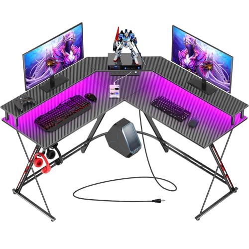50.4” L-Shaped Gaming Desk with LED Light & Power Outlets G7931