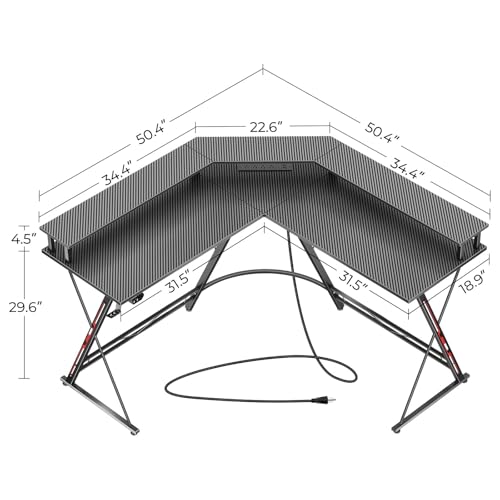 50.4” L-Shaped Gaming Desk with LED Light & Power Outlets G7931