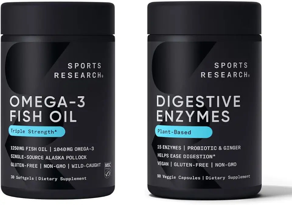 1250mg Omega 3 Fish Oil Softgels and Probiotic Digestive Enzymes Veggie Capsules E139081