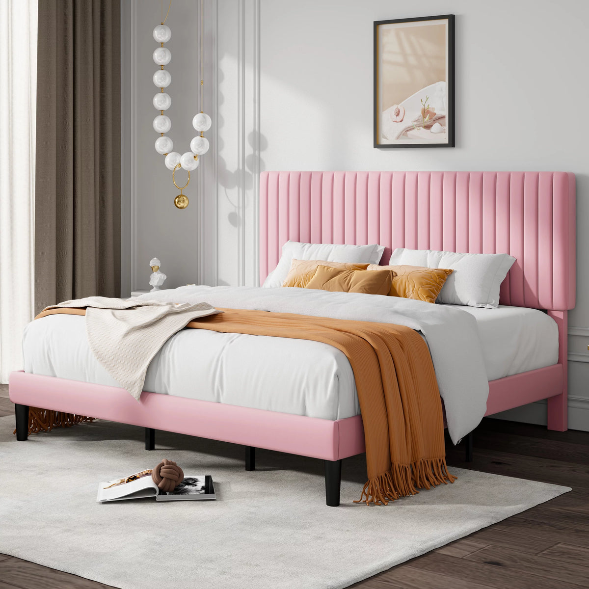 Queen Size Black Velvet Upholstered Platform Bed Frame M3027
