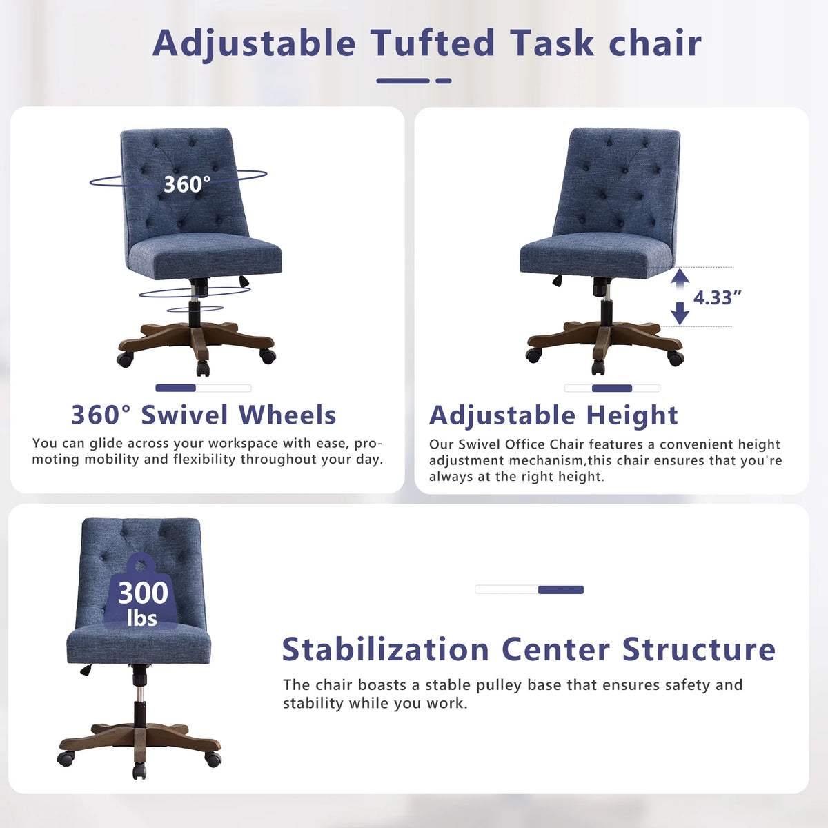 Blue Armless Swivel Fabric Padded Desk Chair F8100
