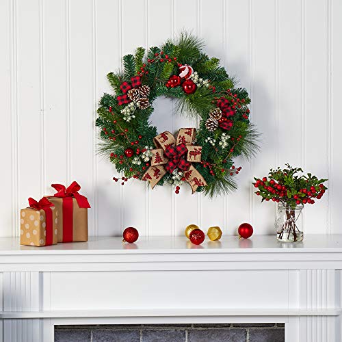 24in. Artificial Christmas Pine Wreath with Pine Cones and Ornaments M400427