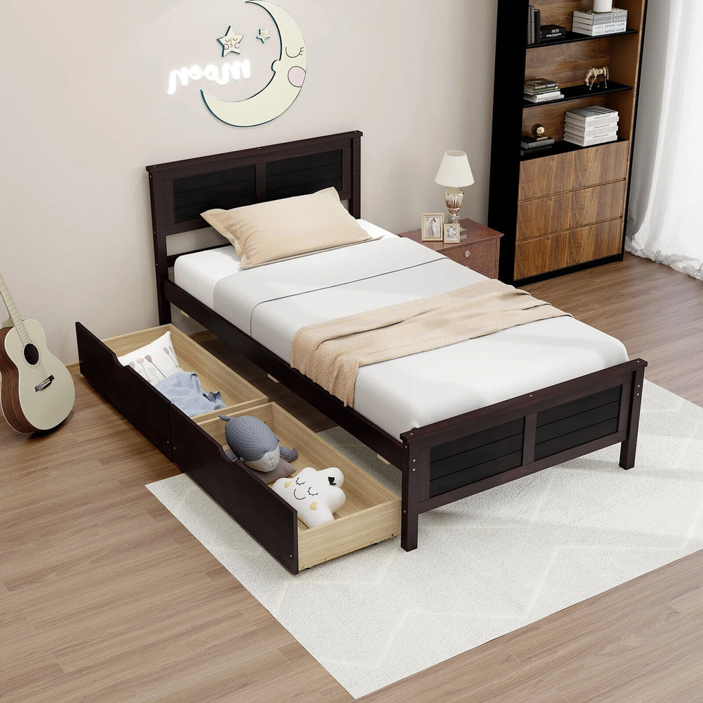 Twin Size Wooden Bed Frame with 2 Storage Drawers H113