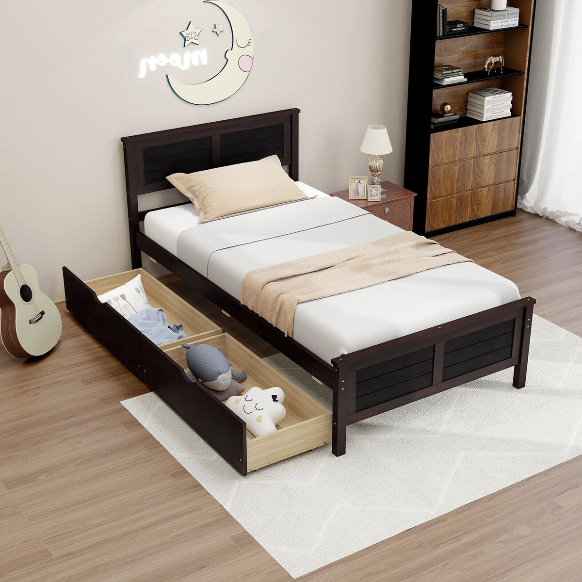 Twin Size Wooden Bed Frame with 2 Storage Drawers H113