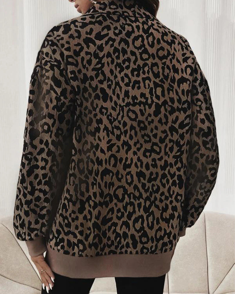 Women Zip Up Long Sleeve Leopard Print Sweatshirt A357361