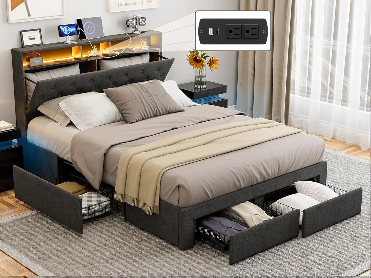Queen Size Upholstered Linen Platform Bed with 4 Drawers T79591